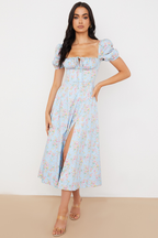 Ditsy Floral Print Puff Sleeve Square Neck Ruched Bust Side Split Midi Dress