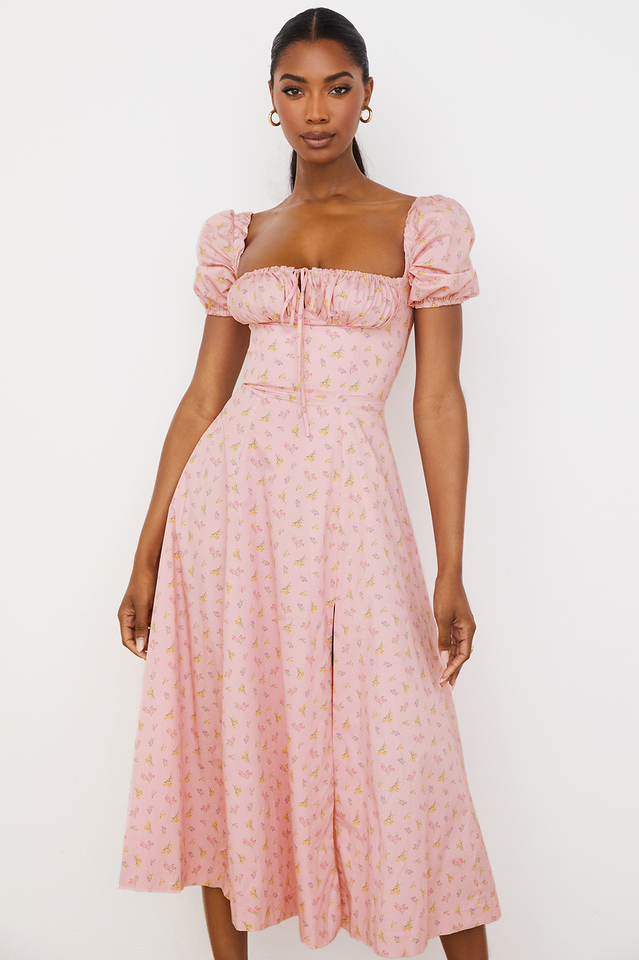Ditsy Floral Print Puff Sleeve Square Neck Ruched Bust Side Split Midi Dress