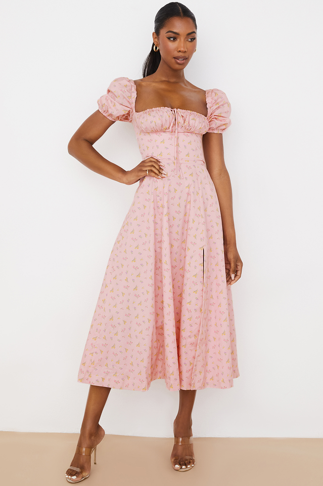 Ditsy Floral Print Puff Sleeve Square Neck Ruched Bust Side Split Midi Dress