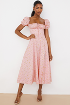 Ditsy Floral Print Puff Sleeve Square Neck Ruched Bust Side Split Midi Dress