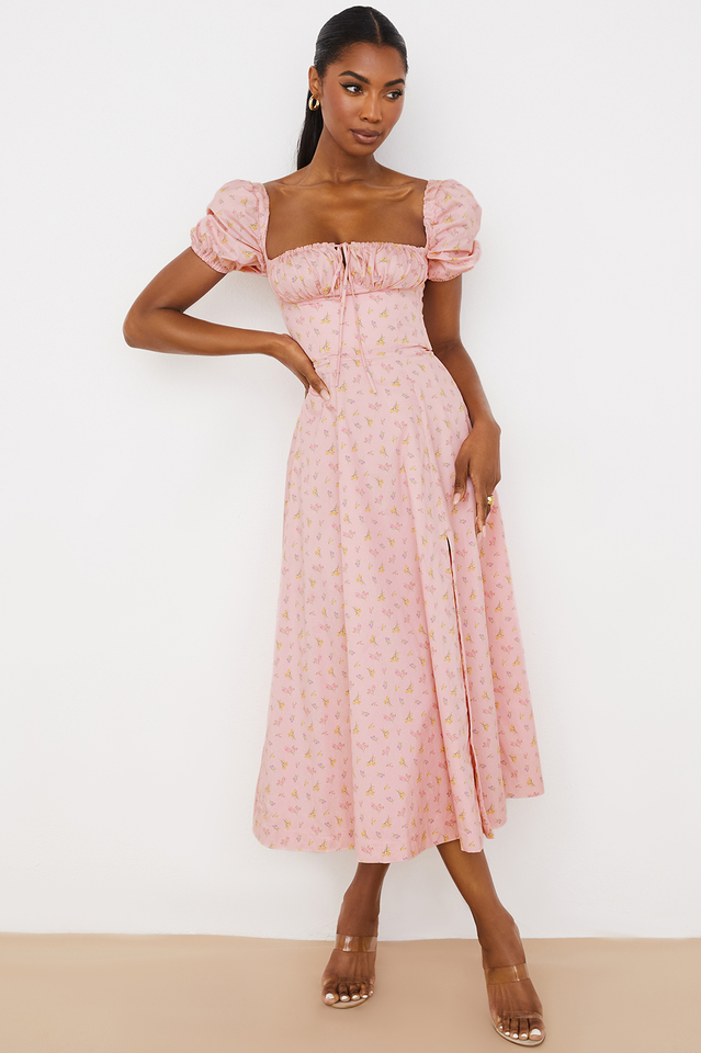 Ditsy Floral Print Puff Sleeve Square Neck Ruched Bust Side Split Midi Dress