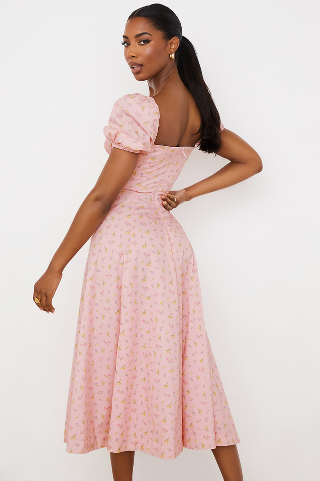 Ditsy Floral Print Puff Sleeve Square Neck Ruched Bust Side Split Midi Dress