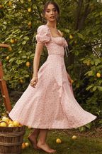 Ditsy Floral Print Puff Sleeve Square Neck Ruched Bust Side Split Midi Dress