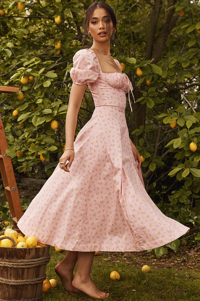 Ditsy Floral Print Puff Sleeve Square Neck Ruched Bust Side Split Midi Dress