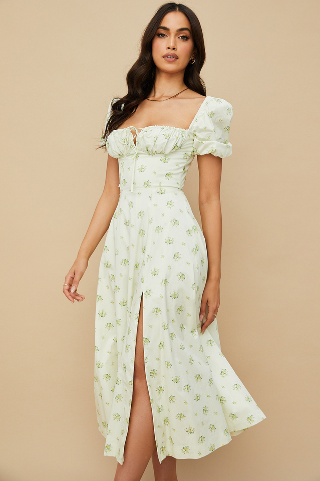 Ditsy Floral Print Puff Sleeve Square Neck Ruched Bust Side Split Midi Dress