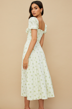 Ditsy Floral Print Puff Sleeve Square Neck Ruched Bust Side Split Midi Dress