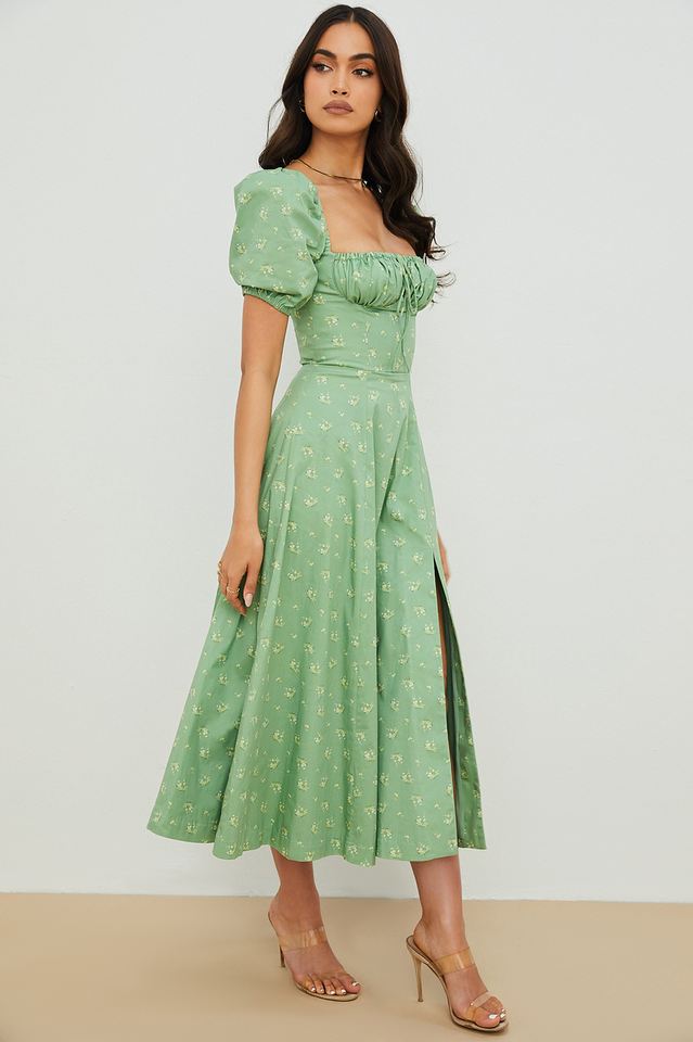 Ditsy Floral Print Puff Sleeve Square Neck Ruched Bust Side Split Midi Dress