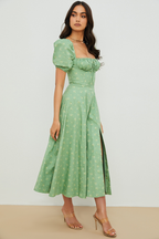 Ditsy Floral Print Puff Sleeve Square Neck Ruched Bust Side Split Midi Dress