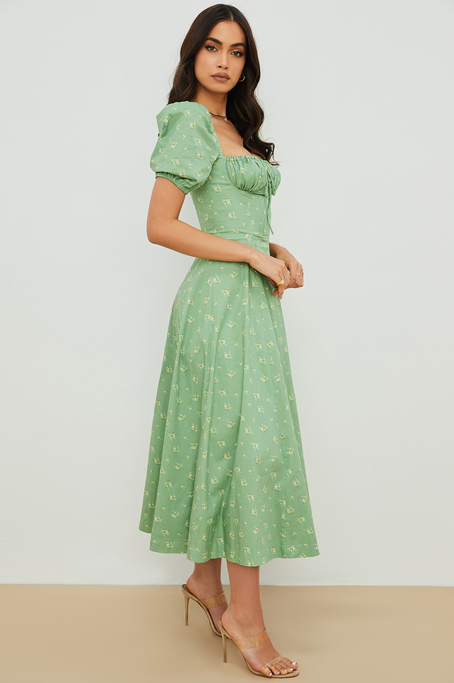 Ditsy Floral Print Puff Sleeve Square Neck Ruched Bust Side Split Midi Dress