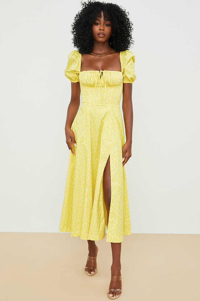 Ditsy Floral Print Puff Sleeve Square Neck Ruched Bust Side Split Midi Dress