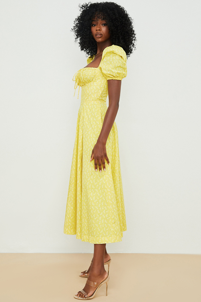 Ditsy Floral Print Puff Sleeve Square Neck Ruched Bust Side Split Midi Dress