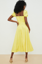 Ditsy Floral Print Puff Sleeve Square Neck Ruched Bust Side Split Midi Dress