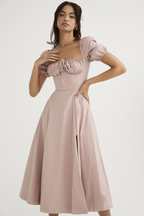 Ditsy Floral Print Puff Sleeve Square Neck Ruched Bust Side Split Midi Dress