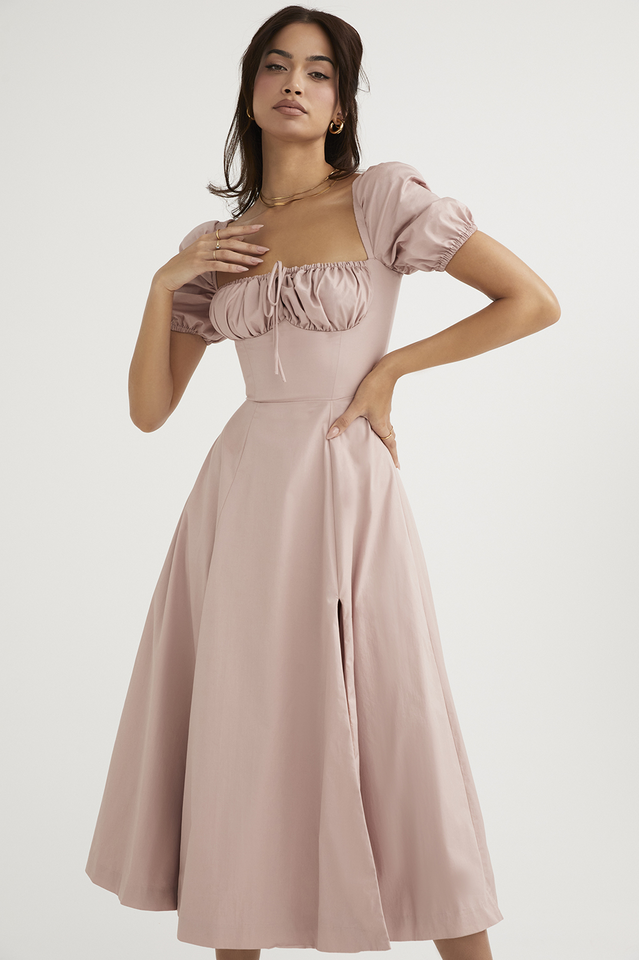 Ditsy Floral Print Puff Sleeve Square Neck Ruched Bust Side Split Midi Dress