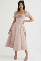 Ditsy Floral Print Puff Sleeve Square Neck Ruched Bust Side Split Midi Dress