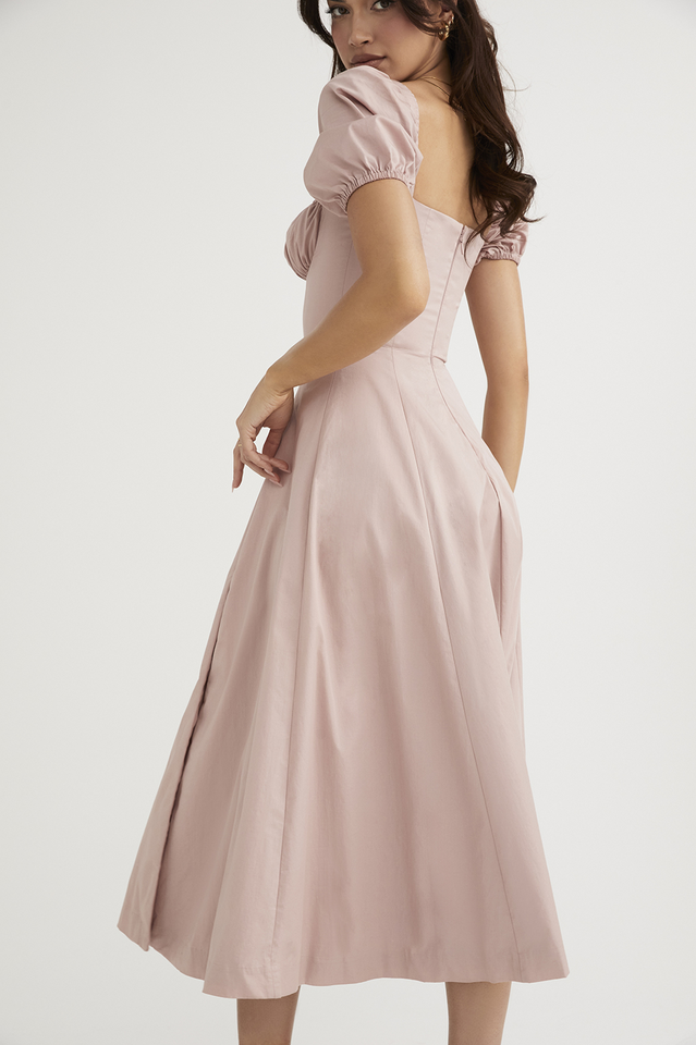 Ditsy Floral Print Puff Sleeve Square Neck Ruched Bust Side Split Midi Dress