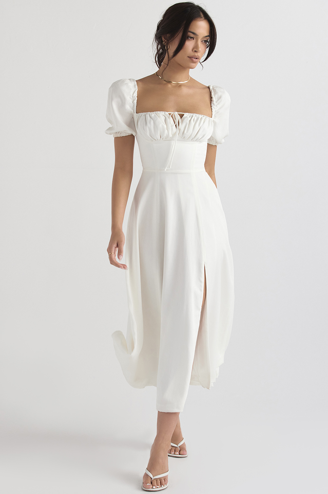 Ditsy Floral Print Puff Sleeve Square Neck Ruched Bust Side Split Midi Dress