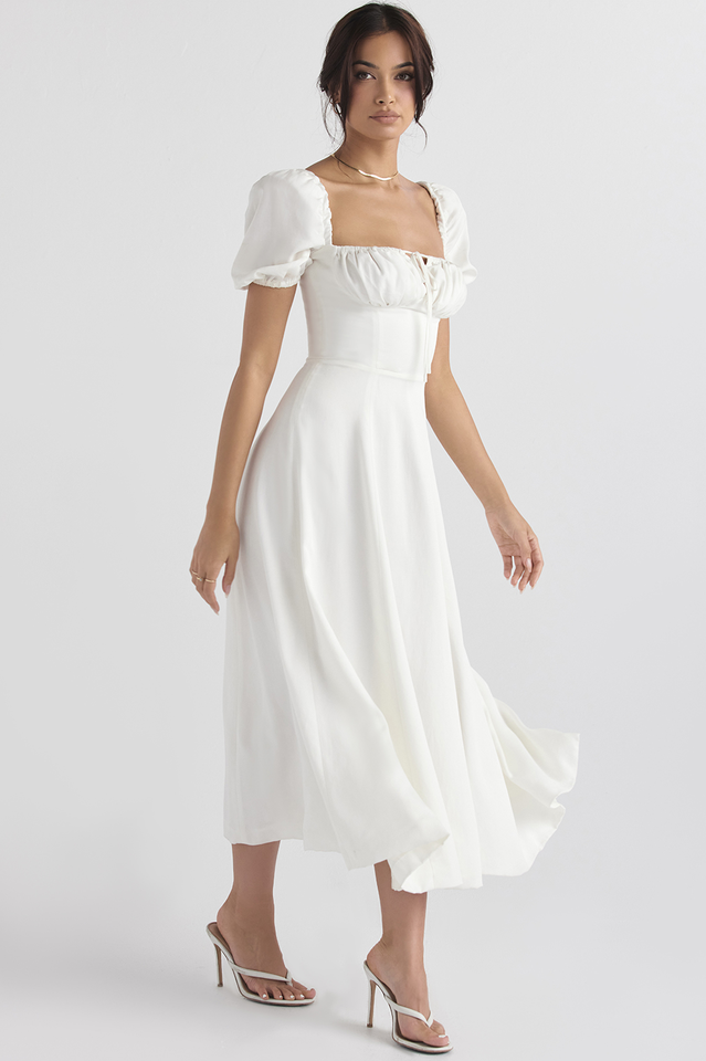 Ditsy Floral Print Puff Sleeve Square Neck Ruched Bust Side Split Midi Dress