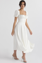 Ditsy Floral Print Puff Sleeve Square Neck Ruched Bust Side Split Midi Dress