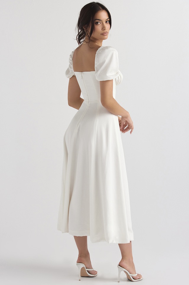Ditsy Floral Print Puff Sleeve Square Neck Ruched Bust Side Split Midi Dress