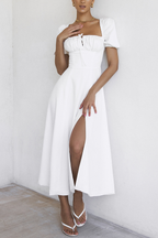 Ditsy Floral Print Puff Sleeve Square Neck Ruched Bust Side Split Midi Dress