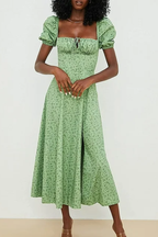 Ditsy Floral Print Puff Sleeve Square Neck Ruched Bust Side Split Midi Dress