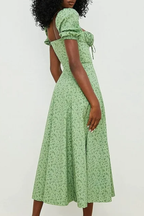 Ditsy Floral Print Puff Sleeve Square Neck Ruched Bust Side Split Midi Dress