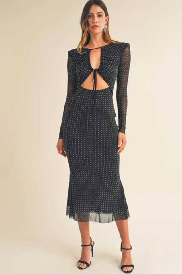 Polka Dot Mesh Long Sleeve Cut Out Ruched Fluted Hem Midi Dress