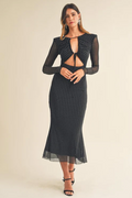 Polka Dot Mesh Long Sleeve Cut Out Ruched Fluted Hem Midi Dress