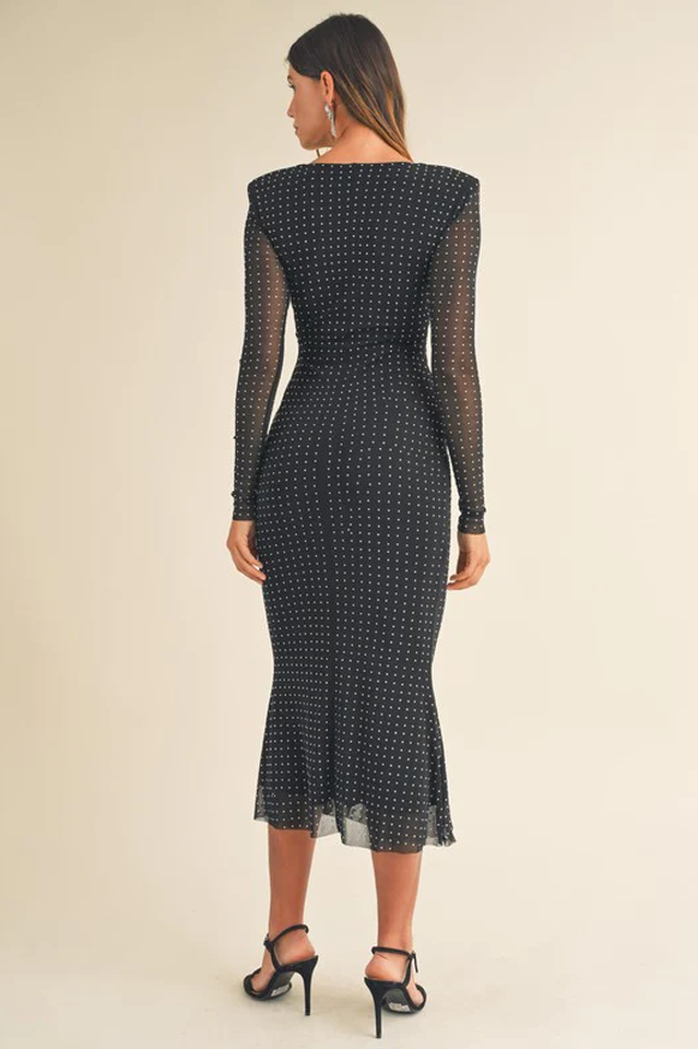 Polka Dot Mesh Long Sleeve Cut Out Ruched Fluted Hem Midi Dress