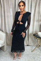 Polka Dot Mesh Long Sleeve Cut Out Ruched Fluted Hem Midi Dress