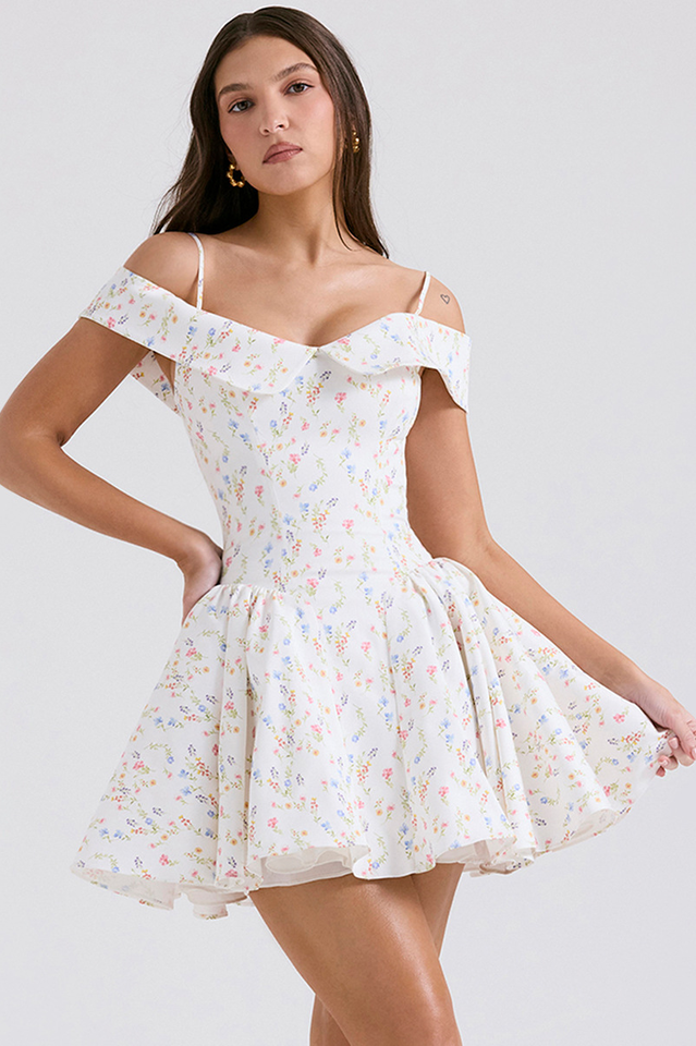 Off Shoulder Foldover Collar Spaghetti Strap Pleated Fit and Flare Mini Dress