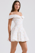 Off Shoulder Foldover Collar Spaghetti Strap Pleated Fit and Flare Mini Dress