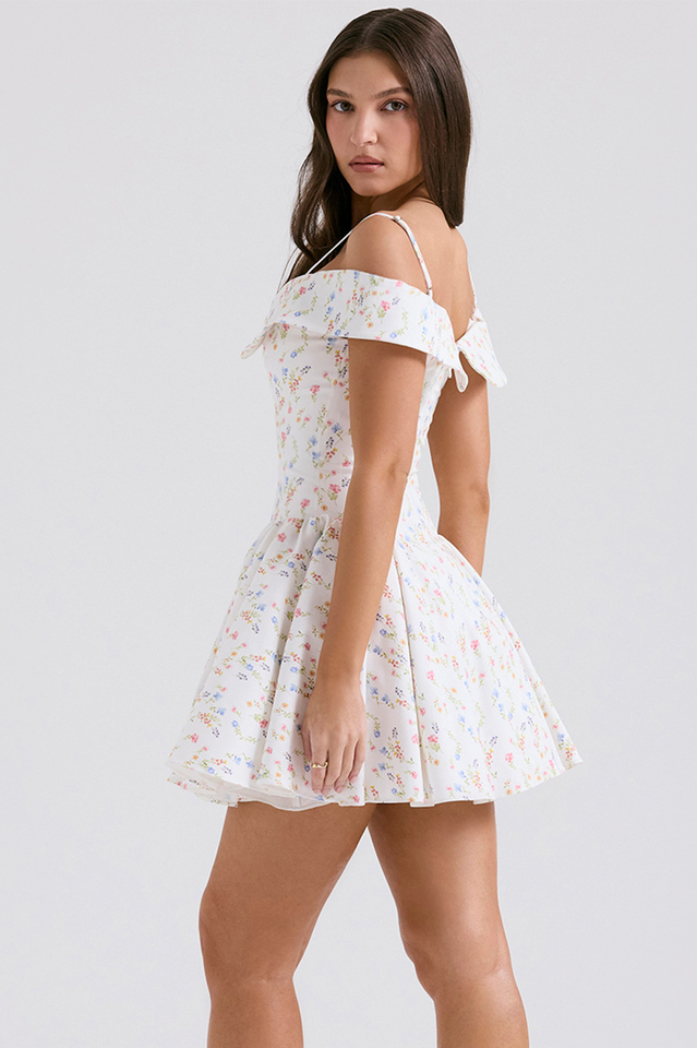Off Shoulder Foldover Collar Spaghetti Strap Pleated Fit and Flare Mini Dress