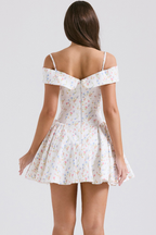 Off Shoulder Foldover Collar Spaghetti Strap Pleated Fit and Flare Mini Dress