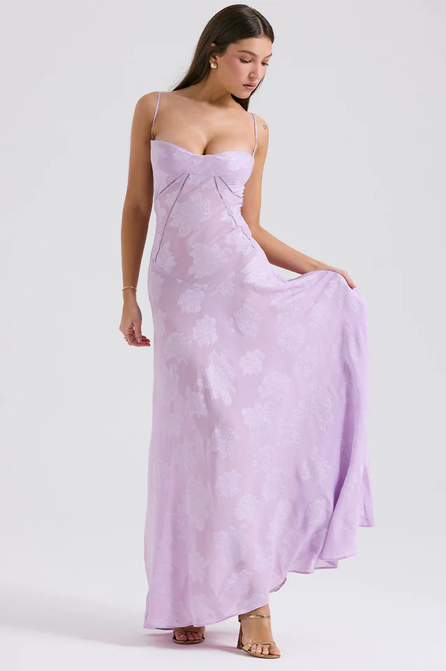 Floral Applique Corset Bodice Spaghetti Strap A-Line Maxi Gown