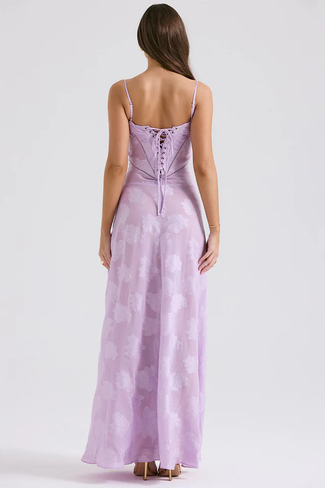 Floral Applique Corset Bodice Spaghetti Strap A-Line Maxi Gown