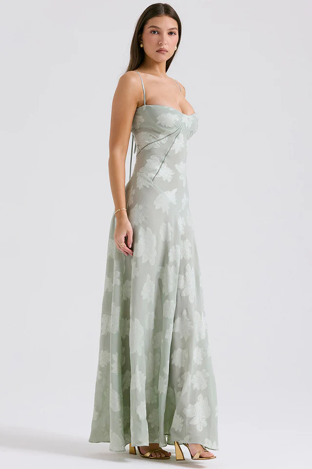 Floral Applique Corset Bodice Spaghetti Strap A-Line Maxi Gown