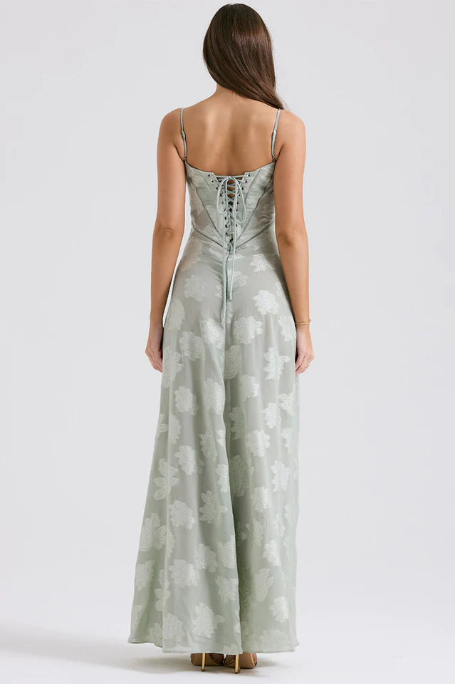Floral Applique Corset Bodice Spaghetti Strap A-Line Maxi Gown