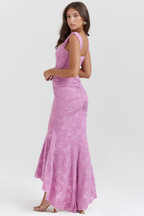 Off Shoulder Corset Jacquard Ruched High Low Maxi Dress