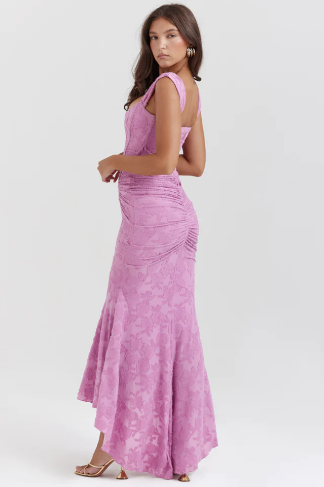 Off Shoulder Corset Jacquard Ruched High Low Maxi Dress