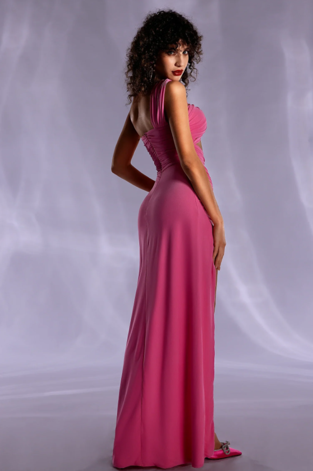 One Shoulder Twisted Buckle Cut Out Ruched High Split Bodycon Maxi Dress