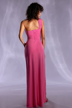 One Shoulder Twisted Buckle Cut Out Ruched High Split Bodycon Maxi Dress