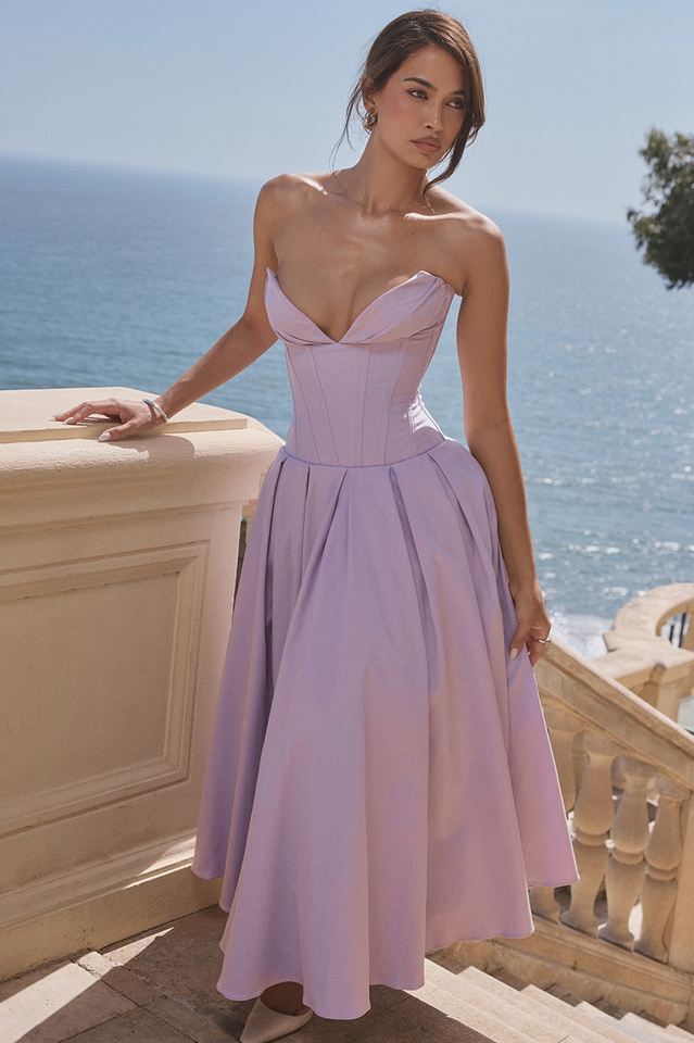 Strapless Plunging V-Neck Corset Bodice Box Pleat A-Line Midi Dress