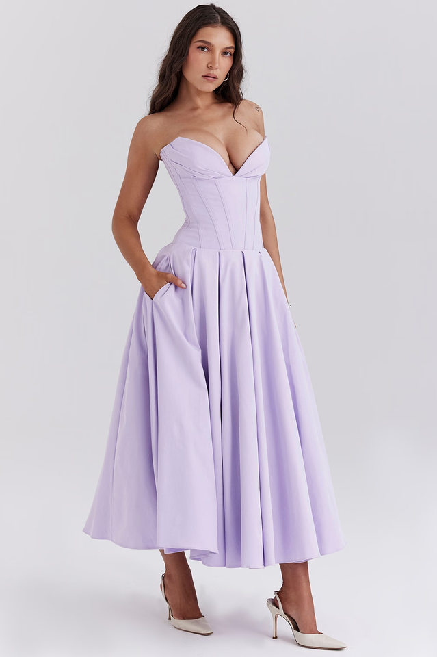 Strapless Plunging V-Neck Corset Bodice Box Pleat A-Line Midi Dress