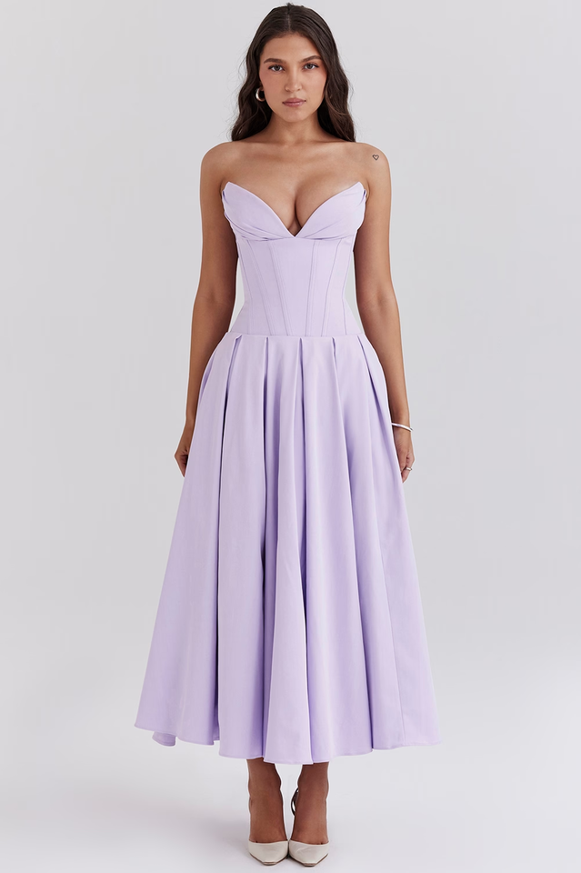 Strapless Plunging V-Neck Corset Bodice Box Pleat A-Line Midi Dress