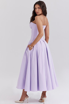 Strapless Plunging V-Neck Corset Bodice Box Pleat A-Line Midi Dress