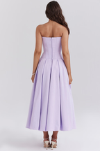 Strapless Plunging V-Neck Corset Bodice Box Pleat A-Line Midi Dress