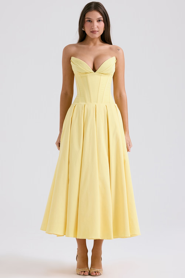 Strapless Plunging V-Neck Corset Bodice Box Pleat A-Line Midi Dress