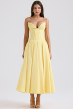 Strapless Plunging V-Neck Corset Bodice Box Pleat A-Line Midi Dress